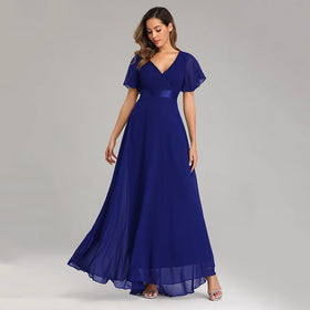 Chiffon V-Neck Ruffle Evening Gown – Elegant Wedding Party