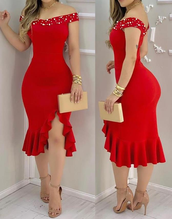 Off-Shoulder Ruffle Hem Midi Dress – Geometric Summer Casual
