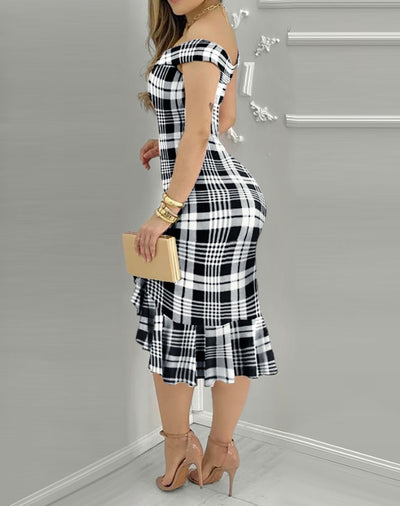Off-Shoulder Ruffle Hem Midi Dress – Geometric Summer Casual