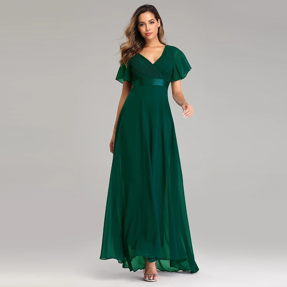 Chiffon V-Neck Ruffle Evening Gown – Elegant Wedding Party