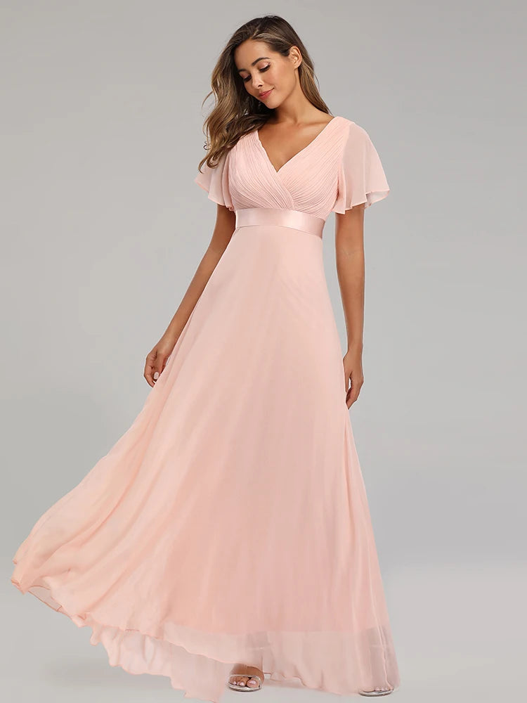 Chiffon V-Neck Ruffle Evening Gown – Elegant Wedding Party