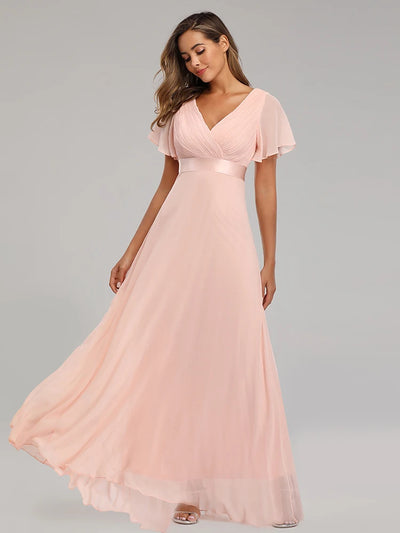 Chiffon V-Neck Ruffle Evening Gown – Elegant Wedding Party