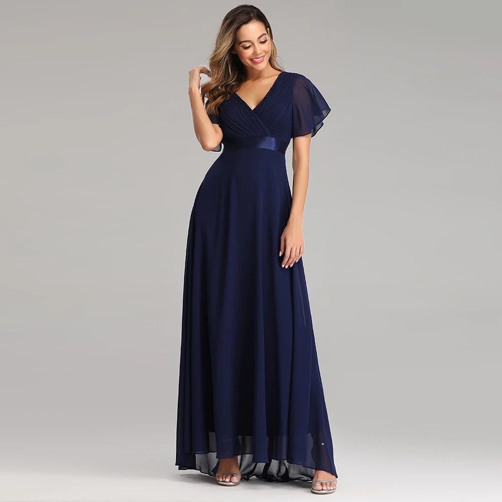 Chiffon V-Neck Ruffle Evening Gown – Elegant Wedding Party