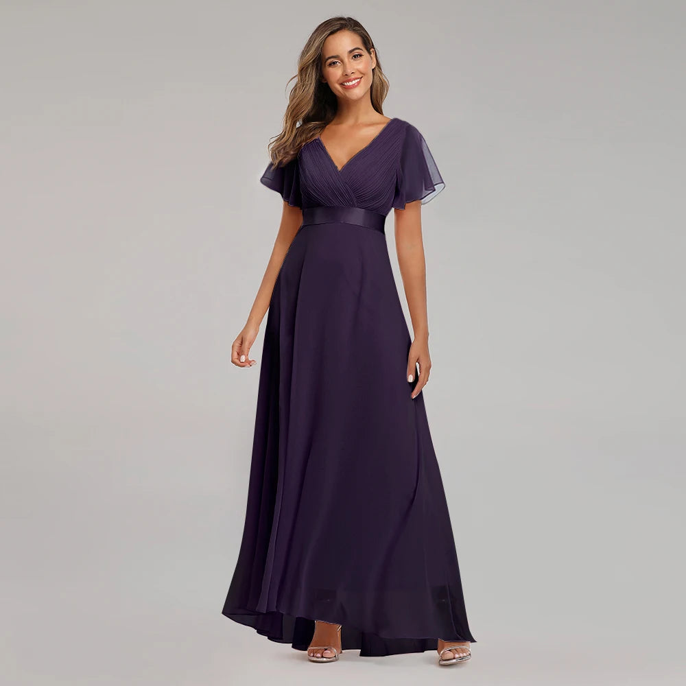 Chiffon V-Neck Ruffle Evening Gown – Elegant Wedding Party