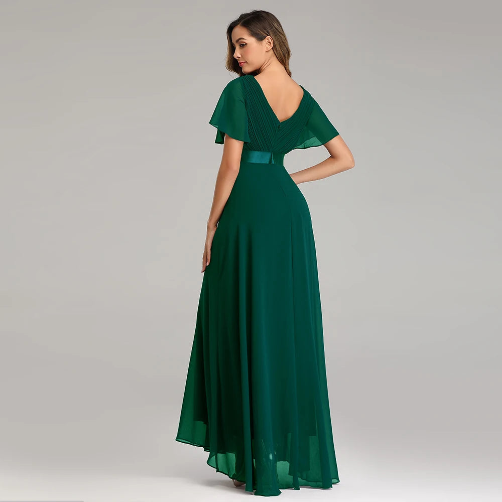 Chiffon V-Neck Ruffle Evening Gown – Elegant Wedding Party