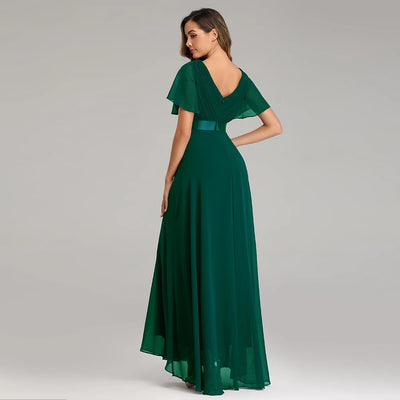 Chiffon V-Neck Ruffle Evening Gown – Elegant Wedding Party