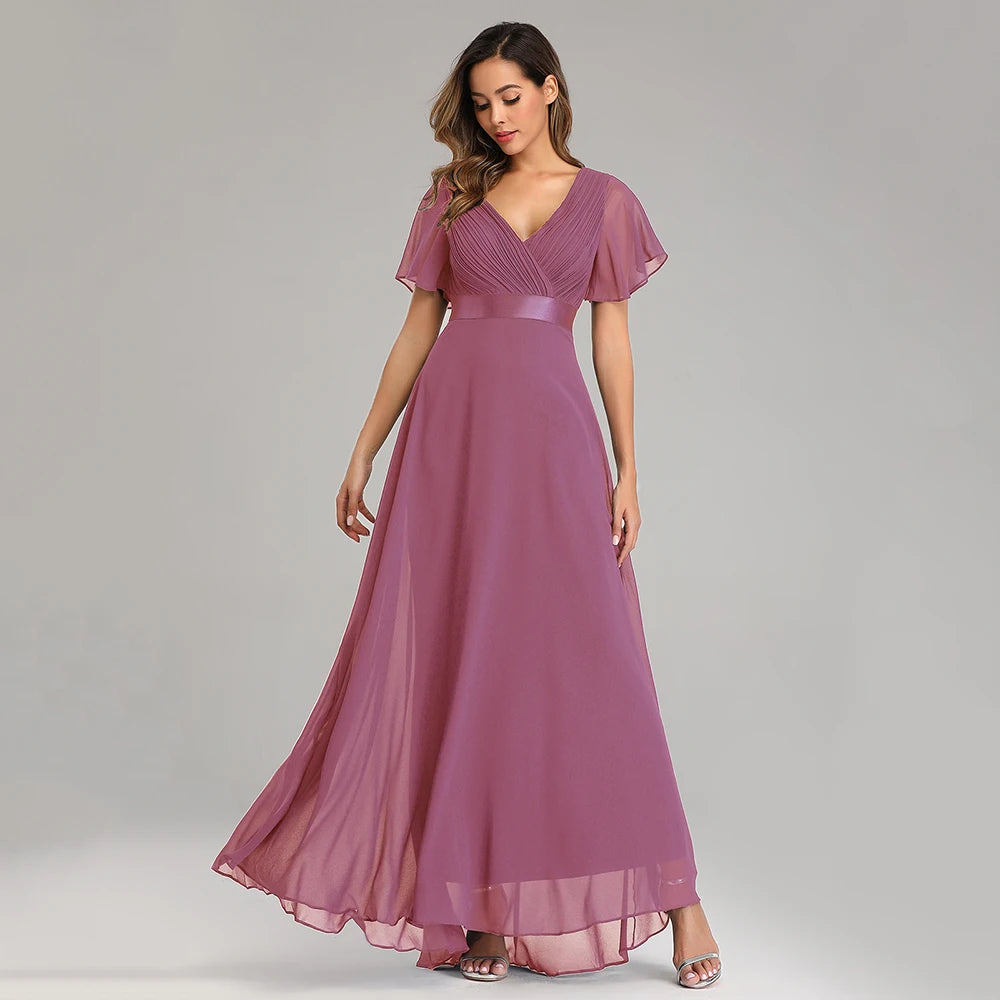 Chiffon V-Neck Ruffle Evening Gown – Elegant Wedding Party