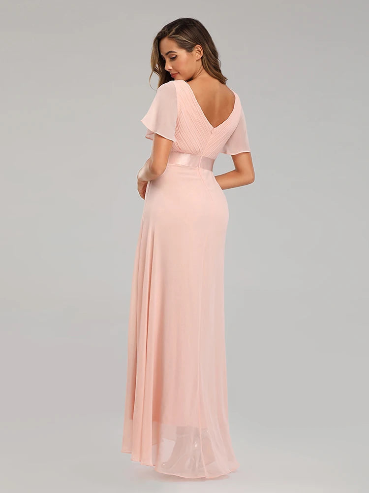 Chiffon V-Neck Ruffle Evening Gown – Elegant Wedding Party