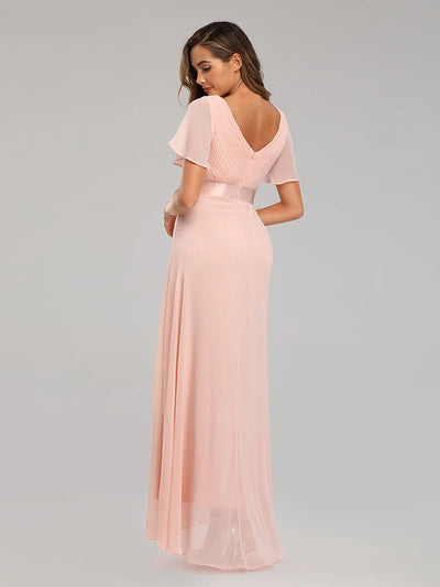 Chiffon V-Neck Ruffle Evening Gown – Elegant Wedding Party
