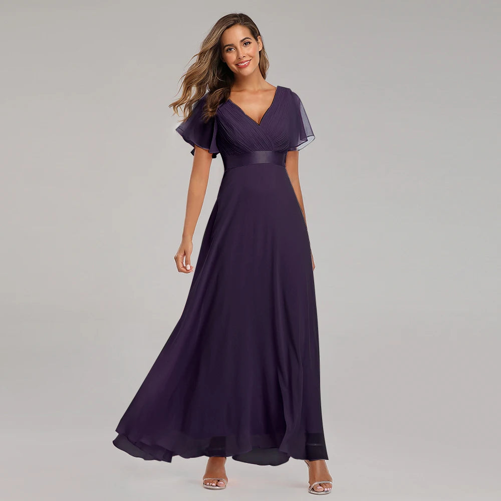 Chiffon V-Neck Ruffle Evening Gown – Elegant Wedding Party