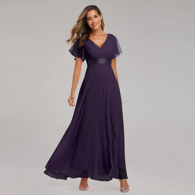Chiffon V-Neck Ruffle Evening Gown – Elegant Wedding Party
