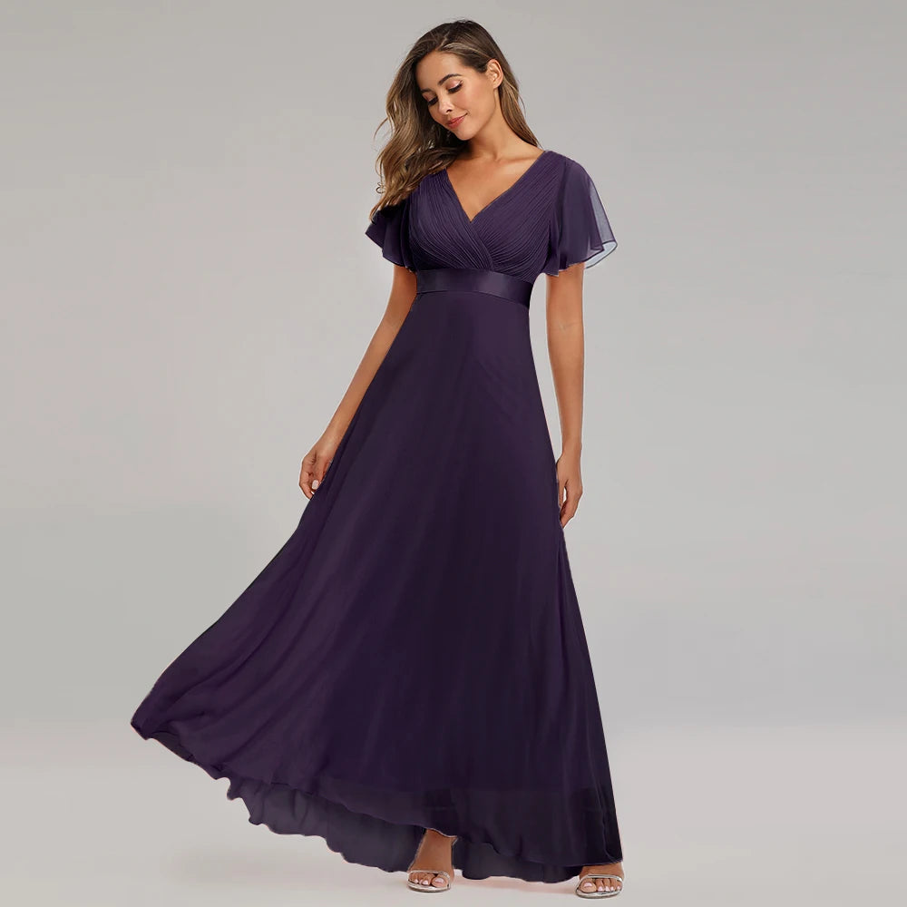 Chiffon V-Neck Ruffle Evening Gown – Elegant Wedding Party