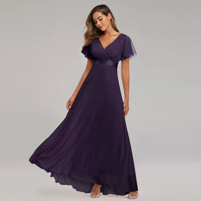 Chiffon V-Neck Ruffle Evening Gown – Elegant Wedding Party