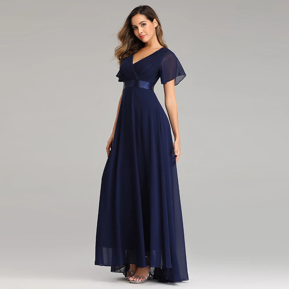 Chiffon V-Neck Ruffle Evening Gown – Elegant Wedding Party