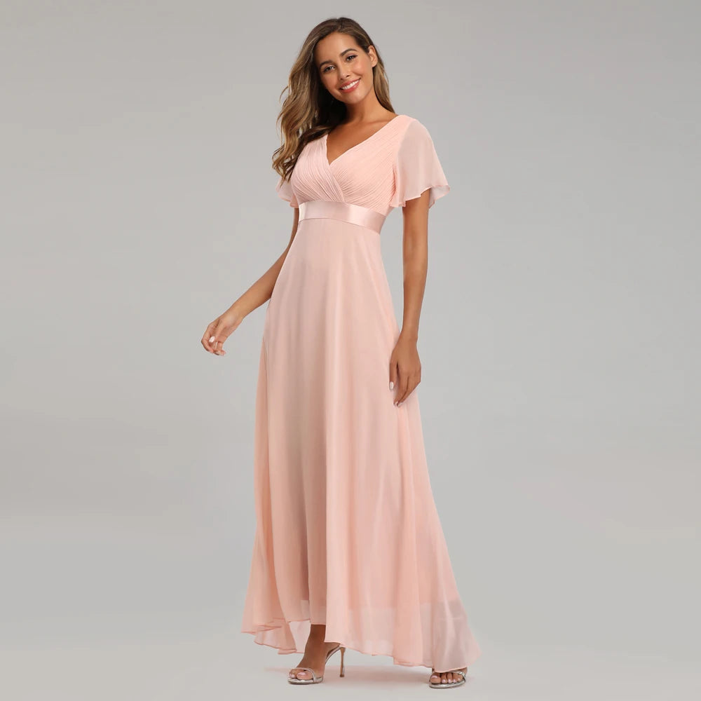 Chiffon V-Neck Ruffle Evening Gown – Elegant Wedding Party
