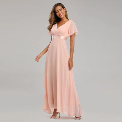 Chiffon V-Neck Ruffle Evening Gown – Elegant Wedding Party