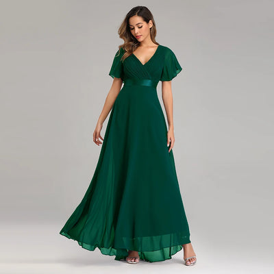 Chiffon V-Neck Ruffle Evening Gown – Elegant Wedding Party
