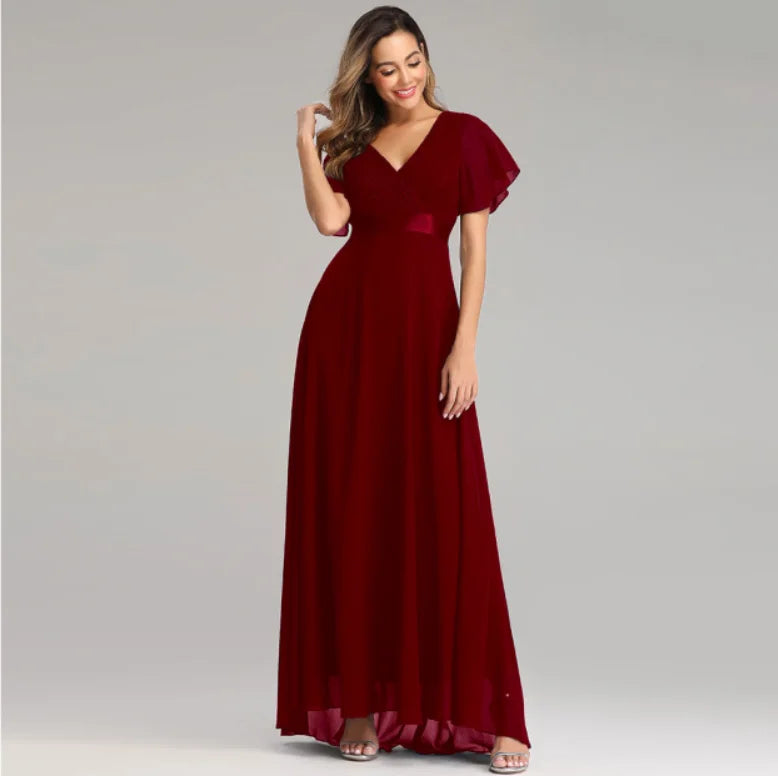 Chiffon V-Neck Ruffle Evening Gown – Elegant Wedding Party
