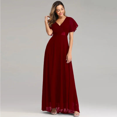 Chiffon V-Neck Ruffle Evening Gown – Elegant Wedding Party