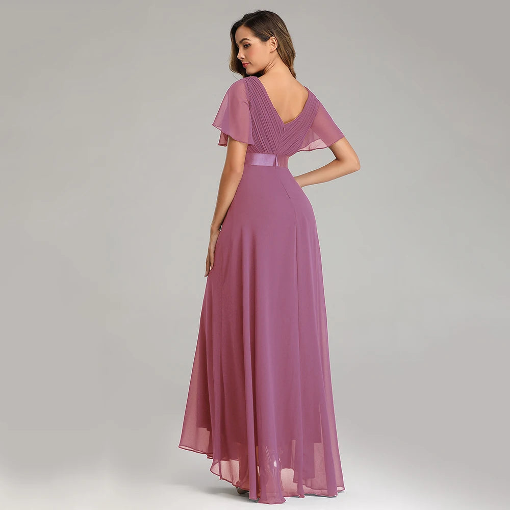 Chiffon V-Neck Ruffle Evening Gown – Elegant Wedding Party