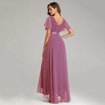 Chiffon V-Neck Ruffle Evening Gown – Elegant Wedding Party