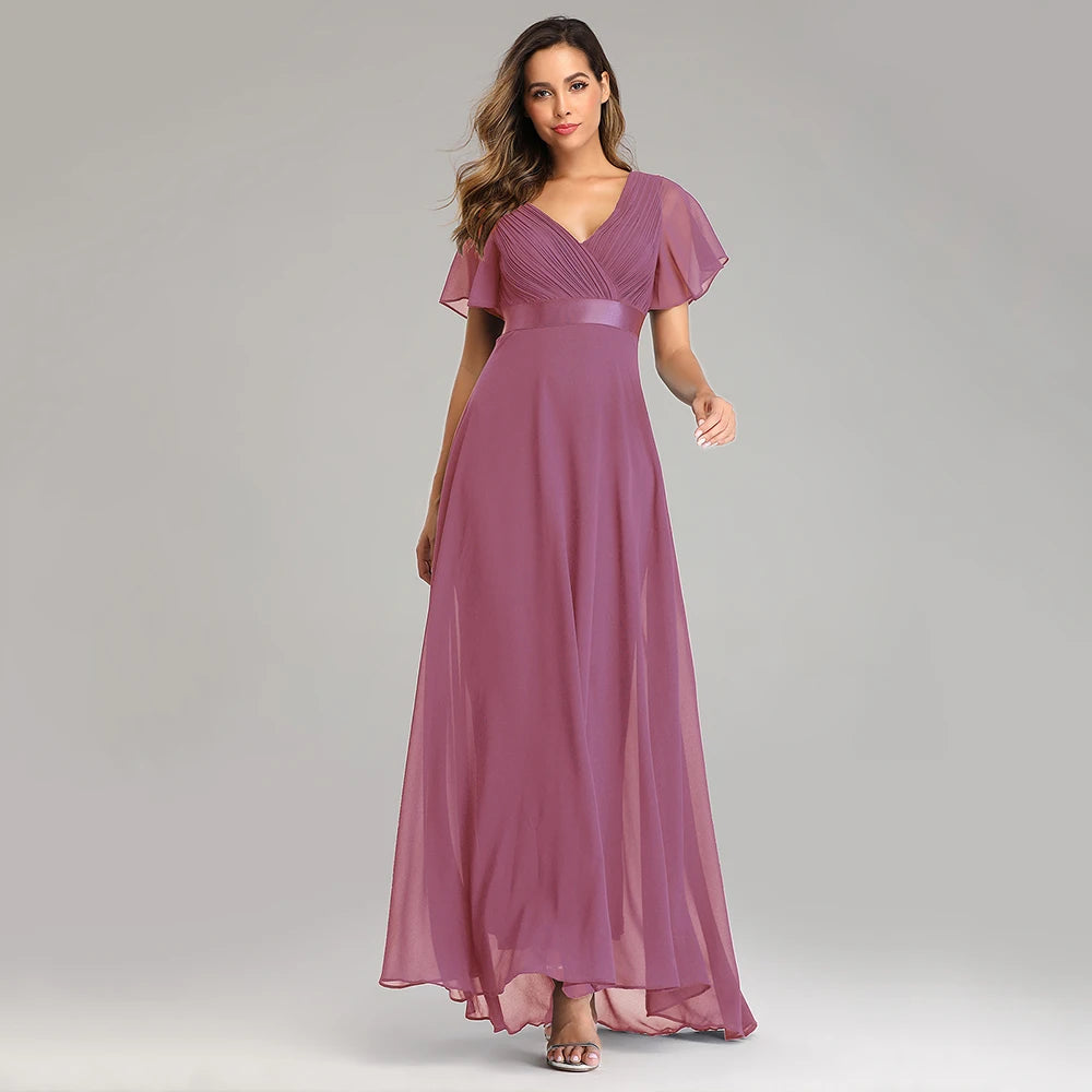 Chiffon V-Neck Ruffle Evening Gown – Elegant Wedding Party