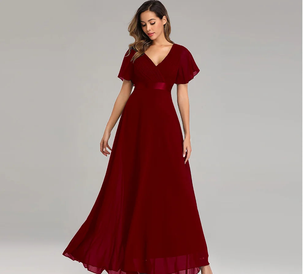 Chiffon V-Neck Ruffle Evening Gown – Elegant Wedding Party