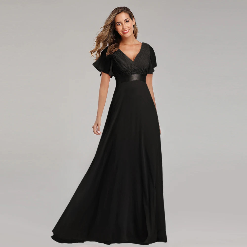 Chiffon V-Neck Ruffle Evening Gown – Elegant Wedding Party