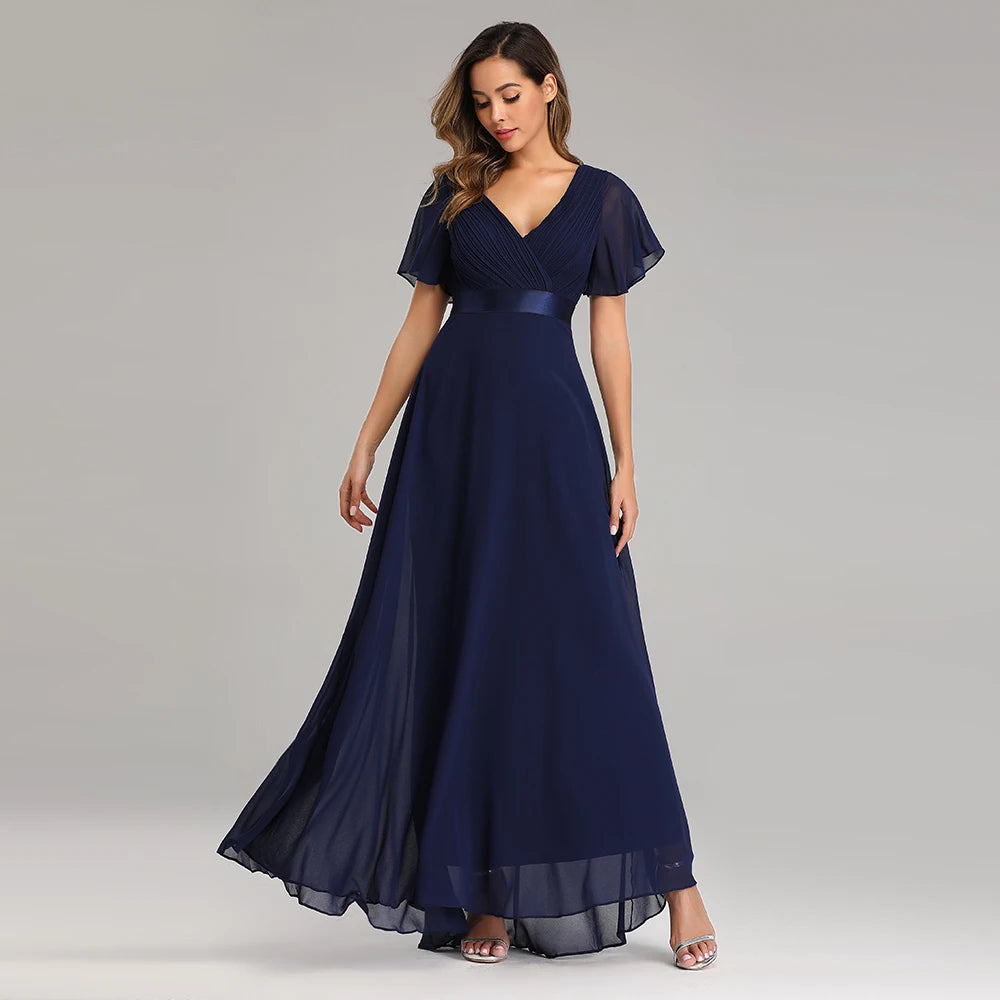 Chiffon V-Neck Ruffle Evening Gown – Elegant Wedding Party