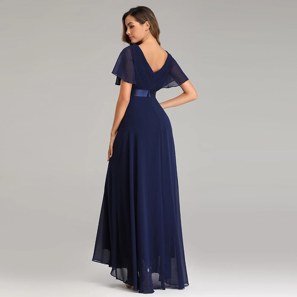 Chiffon V-Neck Ruffle Evening Gown – Elegant Wedding Party