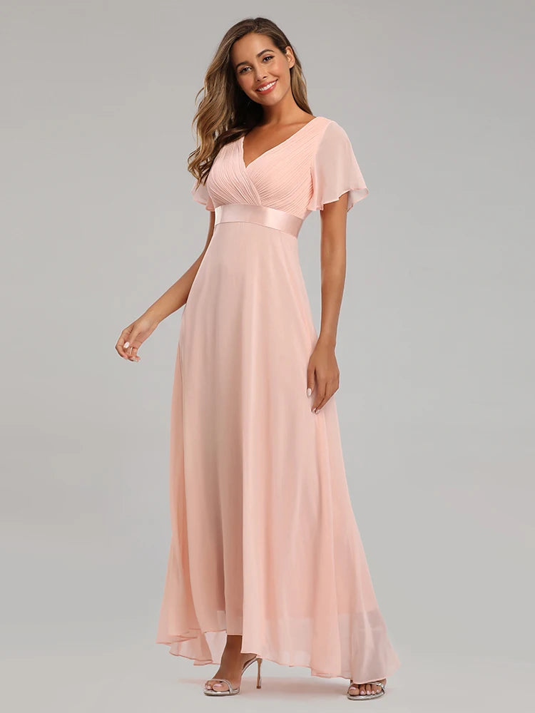 Chiffon V-Neck Ruffle Evening Gown – Elegant Wedding Party