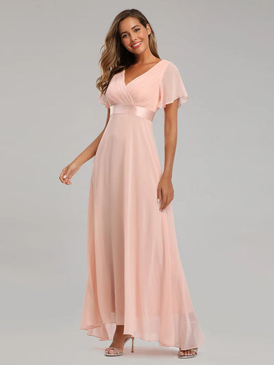 Chiffon V-Neck Ruffle Evening Gown – Elegant Wedding Party