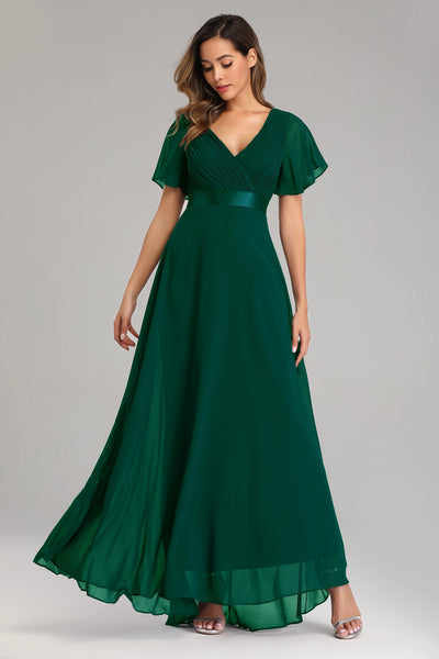 Chiffon V-Neck Ruffle Evening Gown – Elegant Wedding Party