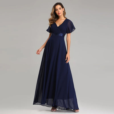 Chiffon V-Neck Ruffle Evening Gown – Elegant Wedding Party