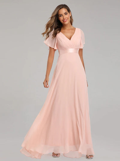 Chiffon V-Neck Ruffle Evening Gown – Elegant Wedding Party
