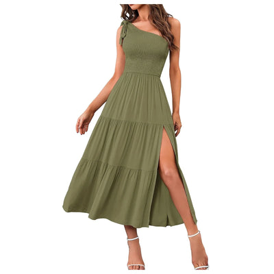 One Shoulder Smocked Midi Dress – Casual Summer
