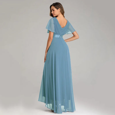 Chiffon V-Neck Ruffle Evening Gown – Elegant Wedding Party