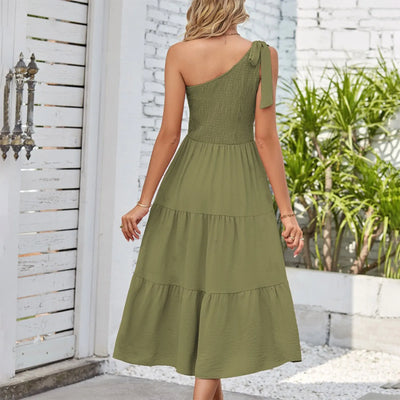 One Shoulder Smocked Midi Dress – Casual Summer