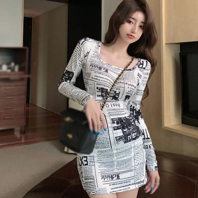 Newspaper Print Bodycon Dress – Square Neck Long Sleeve Outfit