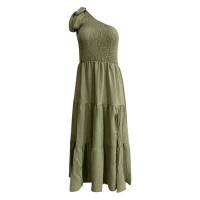 One Shoulder Smocked Midi Dress – Casual Summer