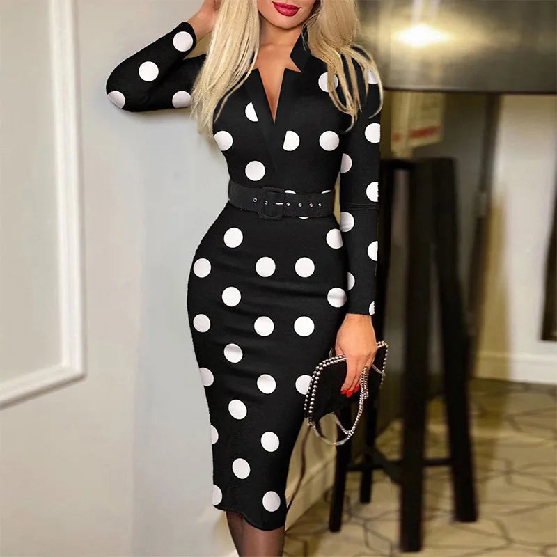 Polka Dot Bodycon Dress – V-Neck Long Sleeve Elegant Office Outfit