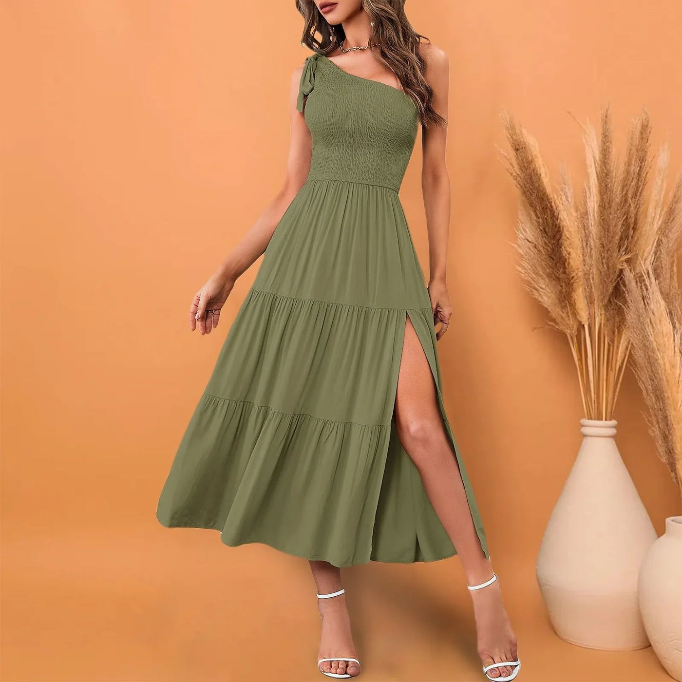 One Shoulder Smocked Midi Dress – Casual Summer