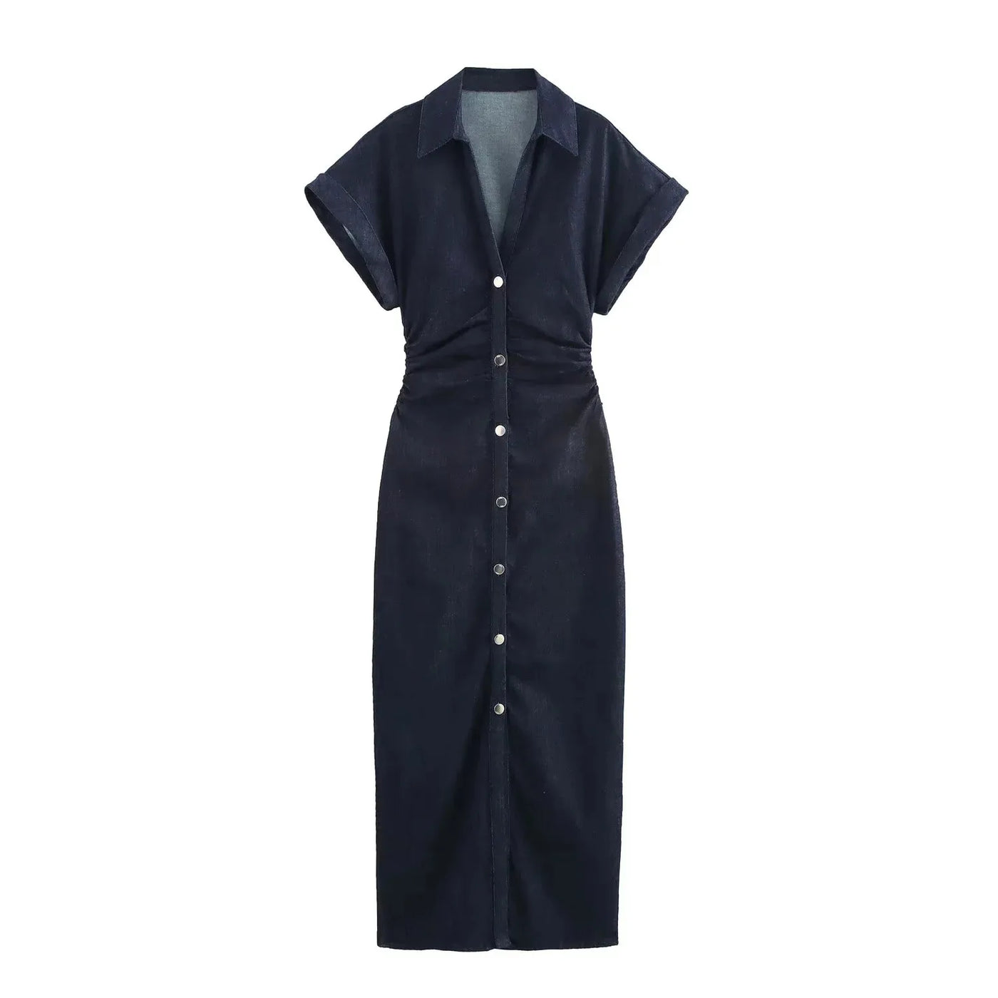 Ruched Denim Midi Dress – Casual Streetwear