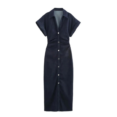 Ruched Denim Midi Dress – Casual Streetwear