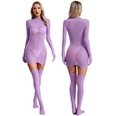 Sheer Long Sleeve Bodycon Dress – Club & Party Set with Stockings
