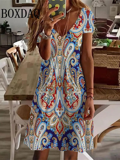 Floral V-Neck Short Dress – Elegant Summer Outfit