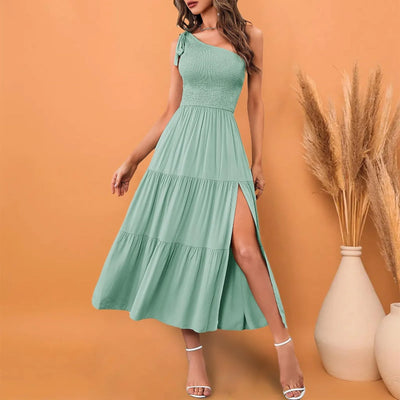 One Shoulder Smocked Midi Dress – Casual Summer