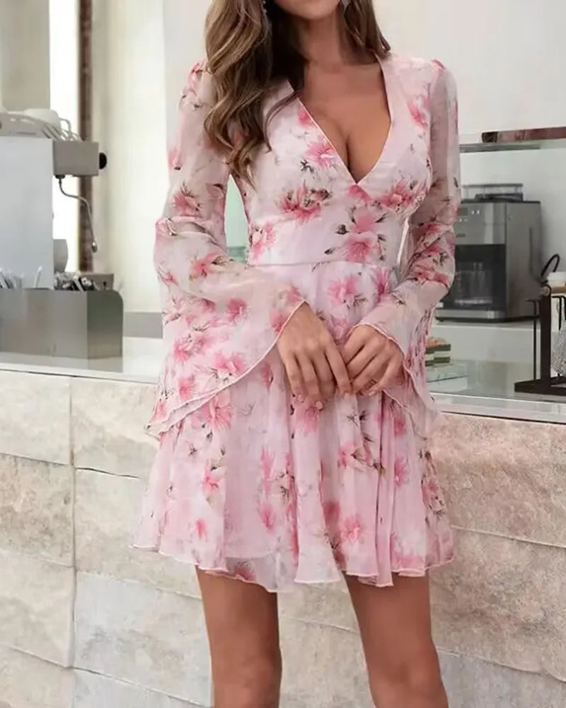 Floral V-Neck Bell Sleeve Dress – Summer Party Outfit