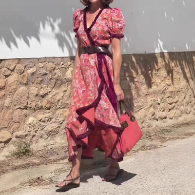 V-Neck Puff Sleeve Maxi Dress – Boho Summer Style