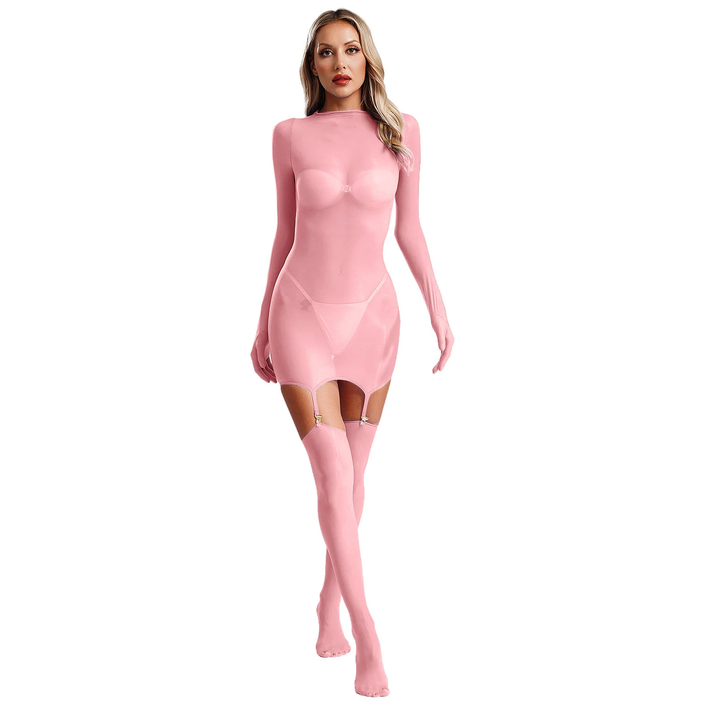 Sheer Long Sleeve Bodycon Dress – Club & Party Set with Stockings